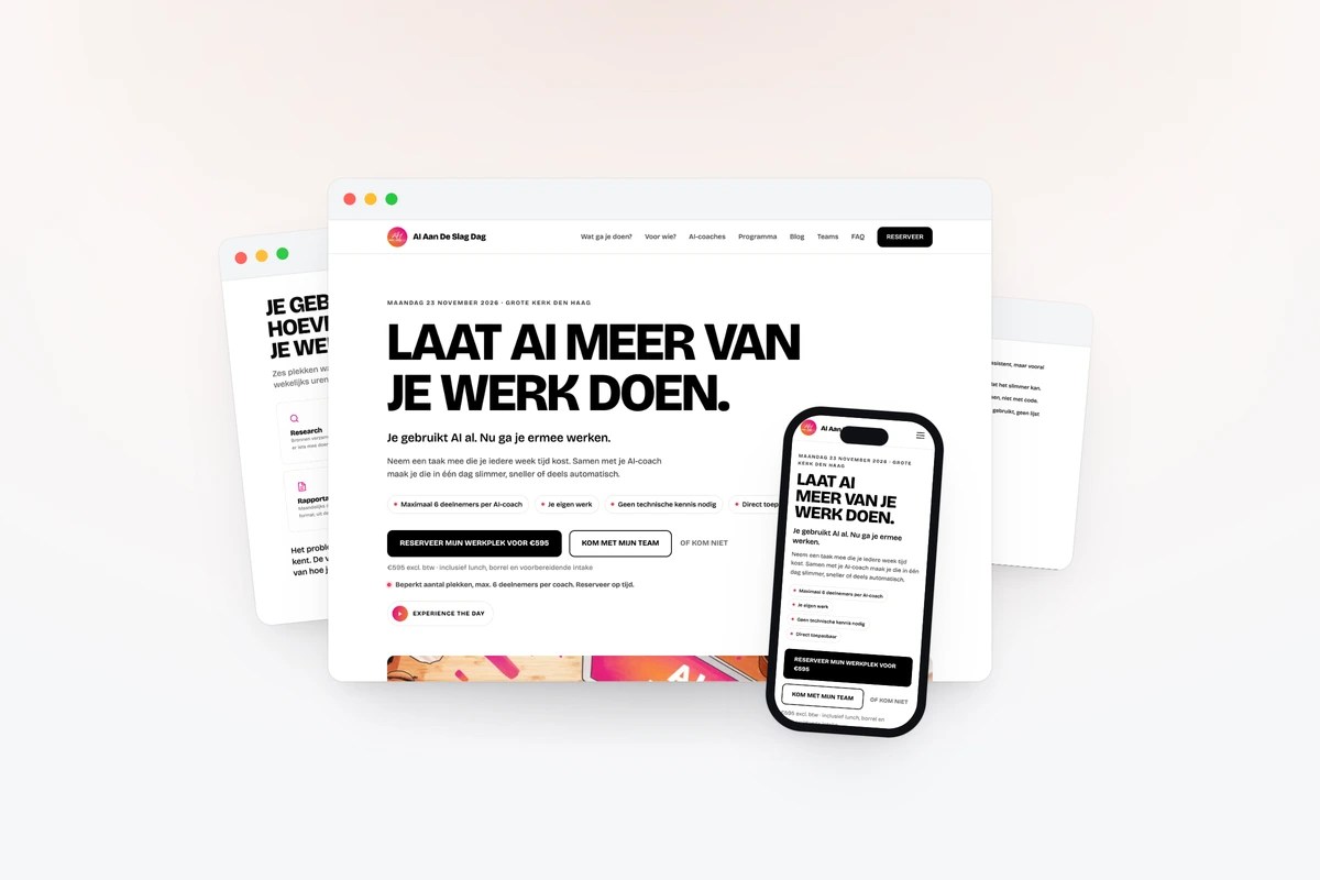 Website van AI Aan De Slag Dag — homepage op desktop en mobiel.