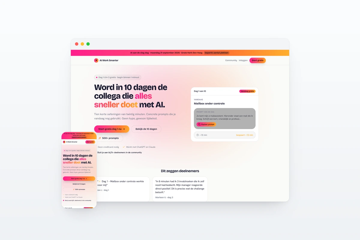 Website van AI Slimmer — homepage op desktop en mobiel.