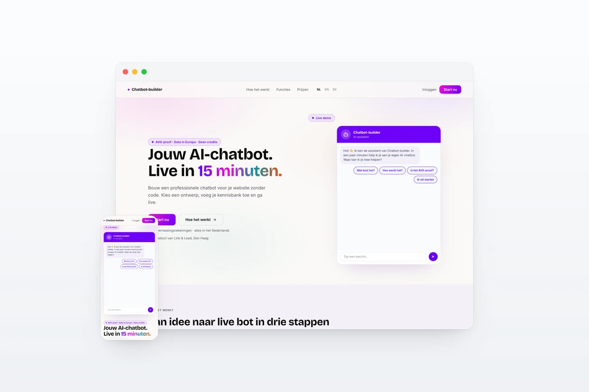 Website van Chatbot-builder — homepage op desktop en mobiel.