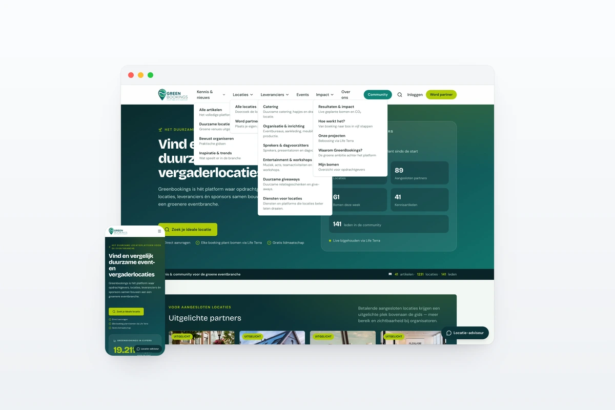 Website van GreenBookings — homepage op desktop en mobiel.