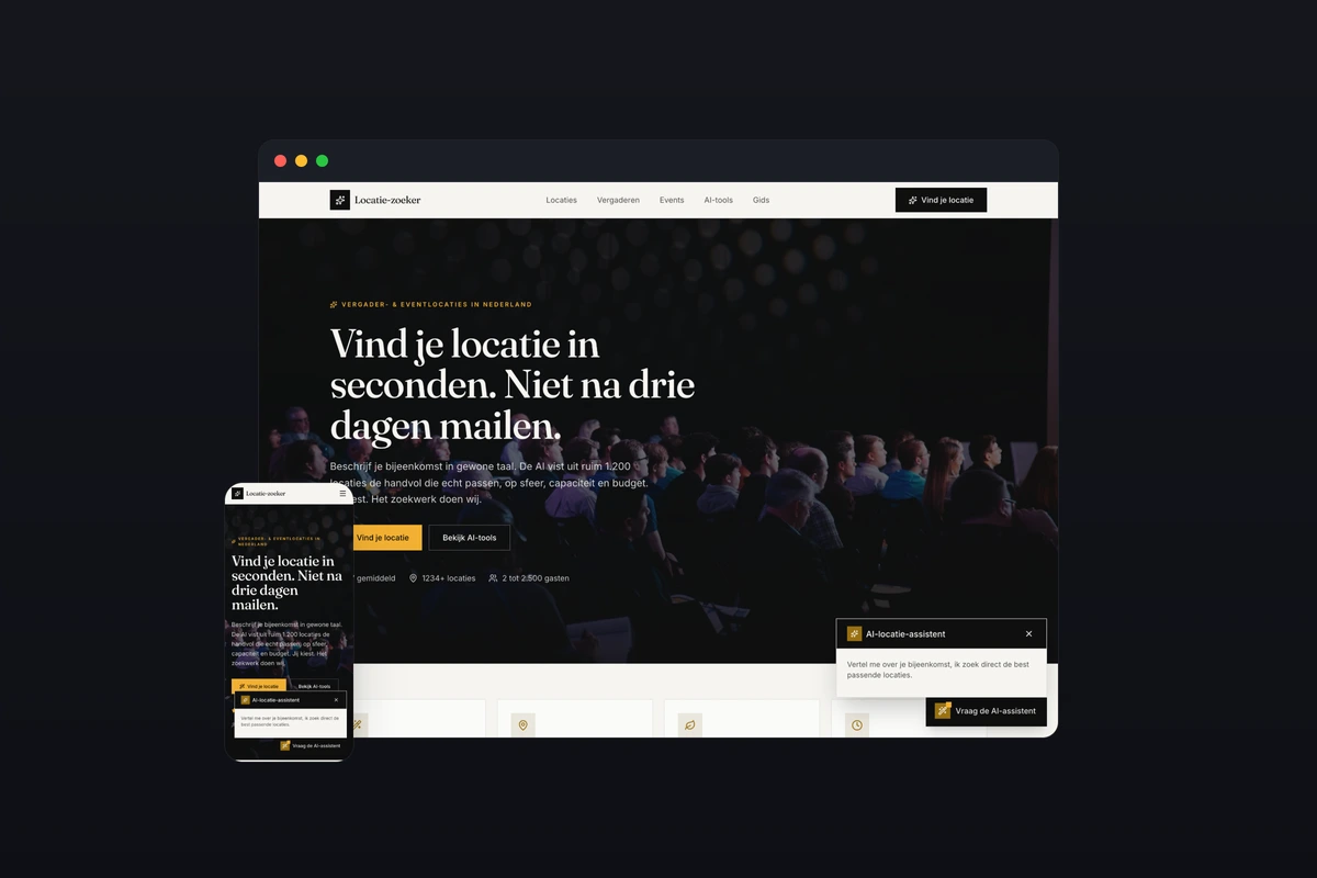 Website van Locatie-zoeker — homepage op desktop en mobiel.