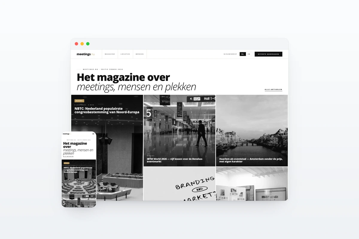 Website van Meetings.nu — homepage op desktop en mobiel.